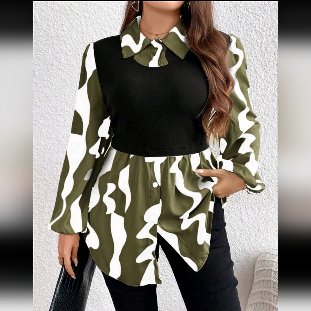 SHEIN LUNE Plus Size Women's Leopard Print Long Sleeve Shirt Collared Top Fall W